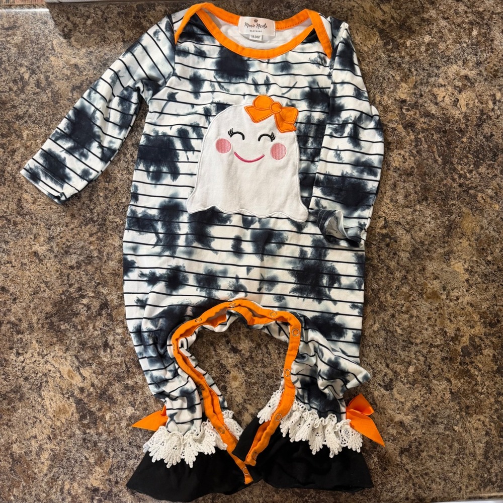 Marie Nicole Halloween Ghost Tie Dye Stripe Ruffle Romper 18-24M